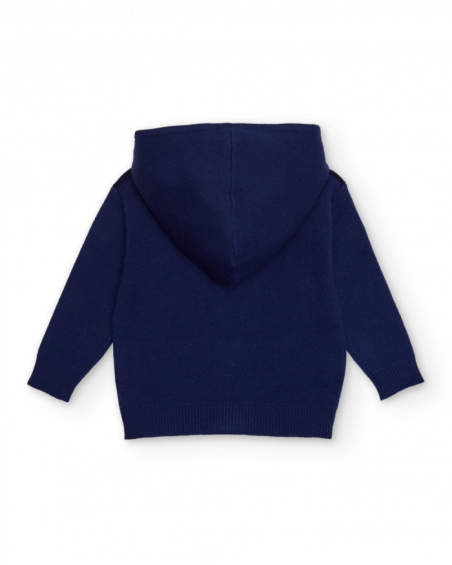 Navy blue knit sweatshirt for boy with hood and geometric lion design in vibrant colors. Navy blue knit sweatshirt for boy with hood and geometric lion design in vibrant colors.