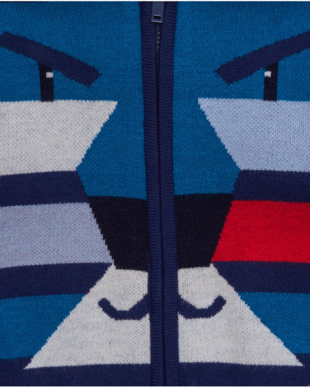 Navy blue knit sweatshirt for boy with hood and geometric lion design in vibrant colors. Navy blue knit sweatshirt for boy with hood and geometric lion design in vibrant colors.