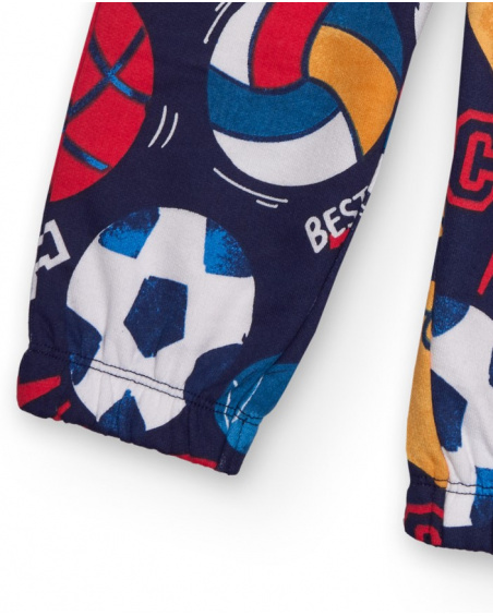 Fleece pants for boys in navy blue with multicolor sports print.
