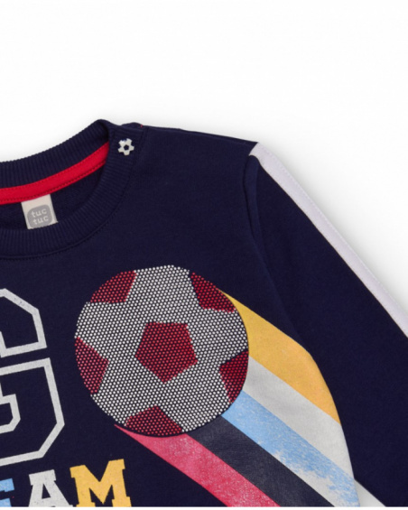 Fleece sweatshirt for boys in navy blue with ball and text print.