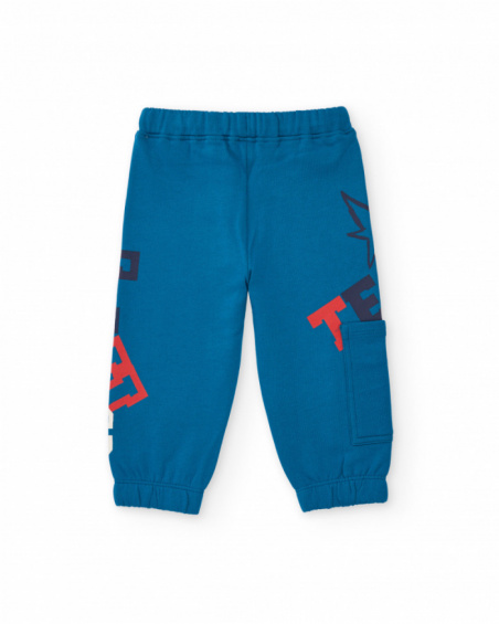 Fleece pants for boys in blue with graphic print and side pocket.