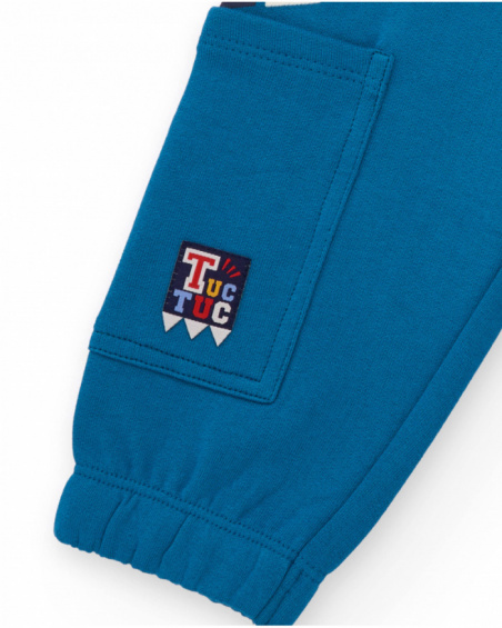 Fleece pants for boys in blue with graphic print and side pocket.