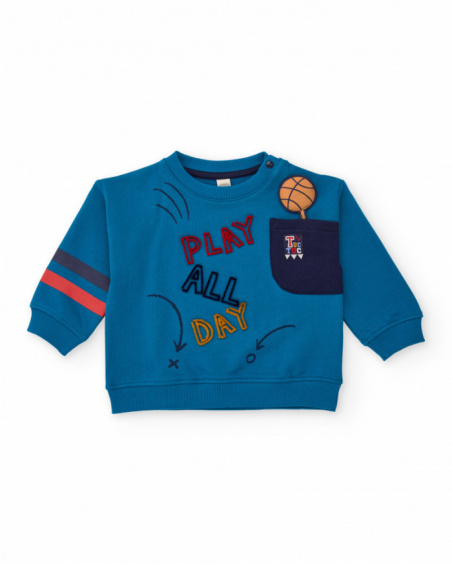 Fleece sweatshirt for boys in blue with ball and text embroidery.