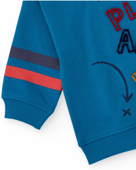 Fleece sweatshirt for boys in blue with ball and text embroidery.