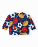 Fleece sweatshirt for boys in navy blue with all-over ball print. Fleece sweatshirt for boys in navy blue with all-over ball print.