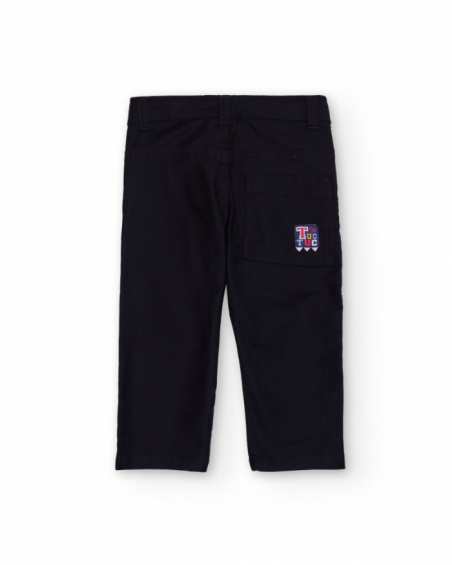Twill pants for boys in navy blue with back pocket and embroidered detail. Twill pants for boys in navy blue with back pocket and embroidered detail.