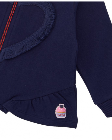 Fleece jacket for girls in navy blue with heart detail and ruffle. Fleece jacket for girls in navy blue with heart detail and ruffle.