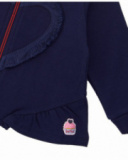 Fleece jacket for girls in navy blue with heart detail and ruffle. Fleece jacket for girls in navy blue with heart detail and ruffle.