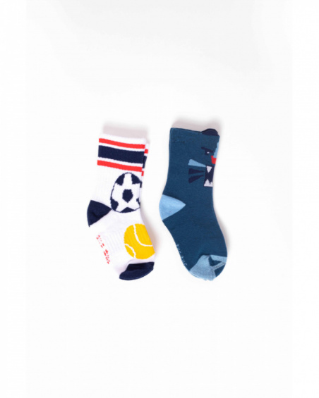 Pack of two pairs of socks for boys in vibrant colors with sports and animal motifs. Pack of two pairs of socks for boys in vibrant colors with sports and animal motifs.