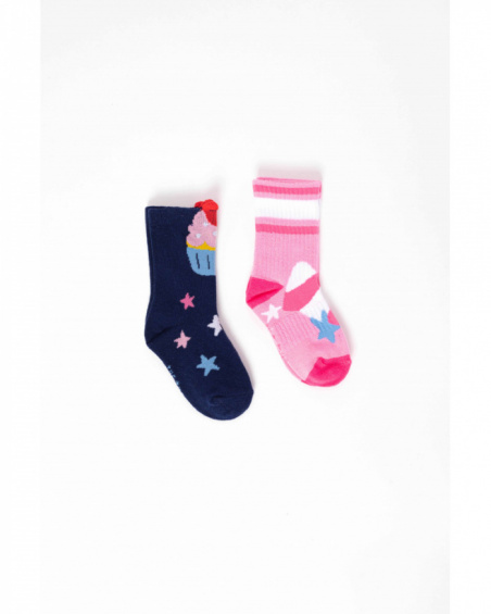Pack of two pairs of socks for girls in navy blue and pink with star and ice cream motifs.