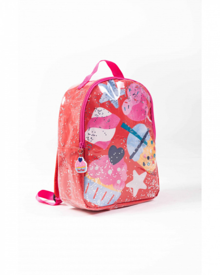 Coral backpack for girl with candy and star print.