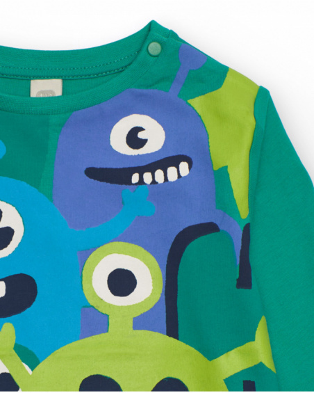 Green jersey t-shirt for boys with monster print.
