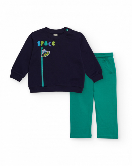 Boys' sweatshirt and pants set in navy blue and green with space print.