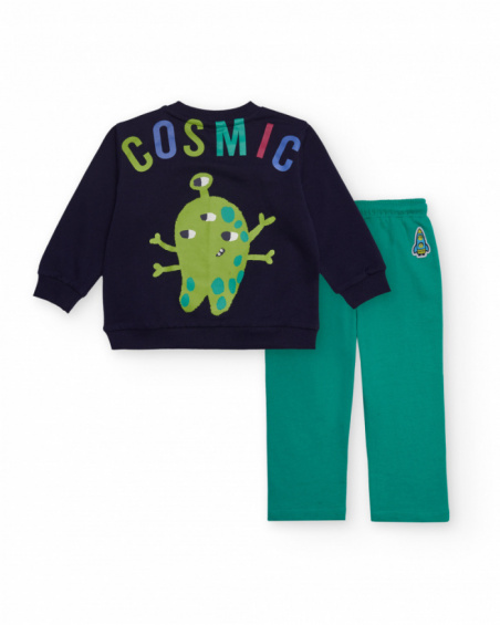 Boys' sweatshirt and pants set in navy blue and green with space print.