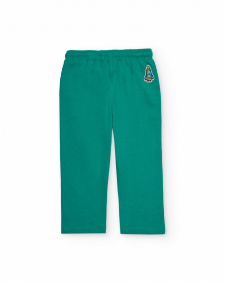Green jersey pants for boys with rocket embroidery.