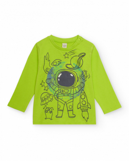 Green jersey t-shirt for boys with astronaut print.