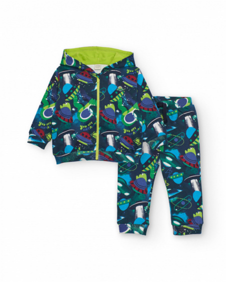 Blue boys' sweatshirt and pants set with space print.