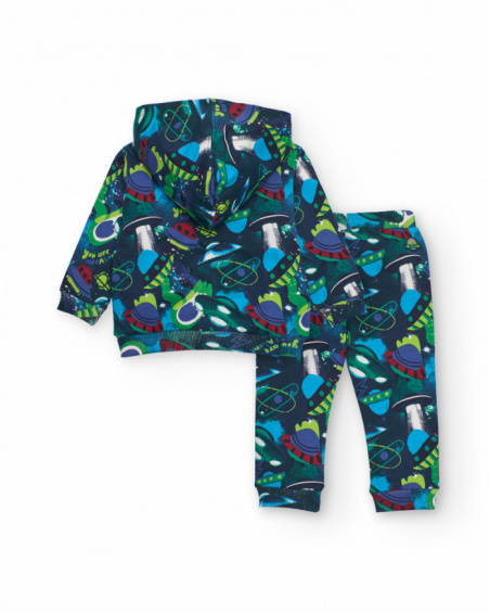 Blue boys' sweatshirt and pants set with space print.