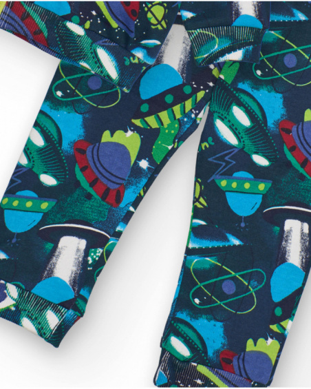 Blue boys' sweatshirt and pants set with space print.