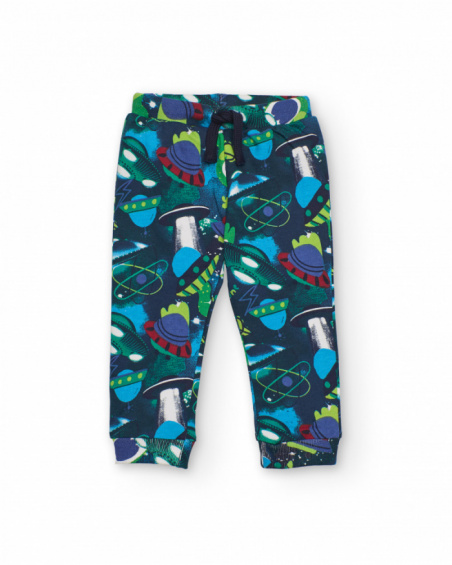 Navy blue fleece pants for boys with spaceship print.