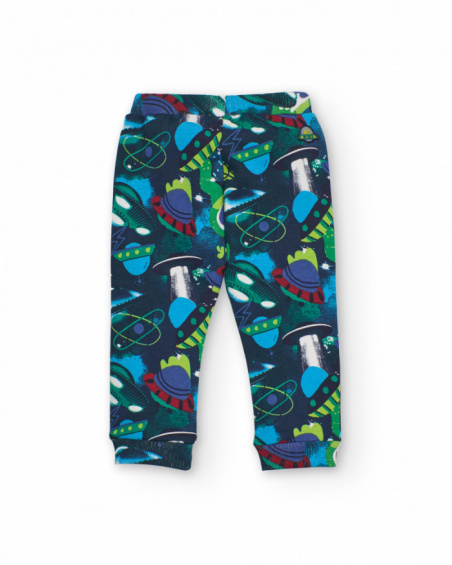 Navy blue fleece pants for boys with spaceship print.
