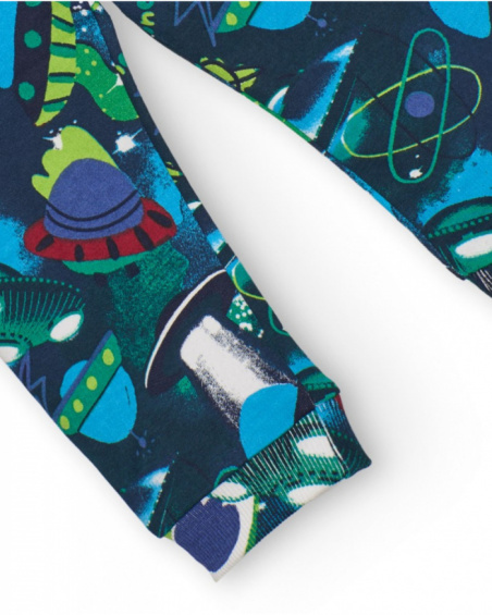Navy blue fleece pants for boys with spaceship print.