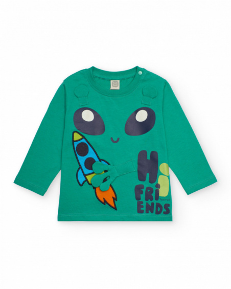 Green jersey t-shirt for boys with rocket and alien print.