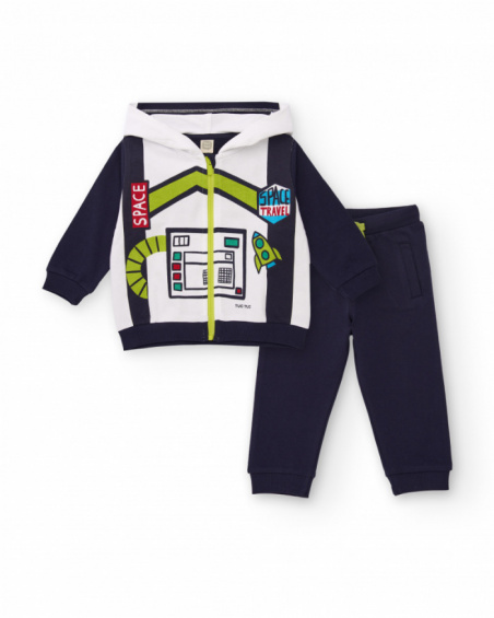 Navy blue boys' sweatshirt and pants set with space print.
