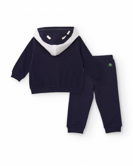 Navy blue boys' sweatshirt and pants set with space print.