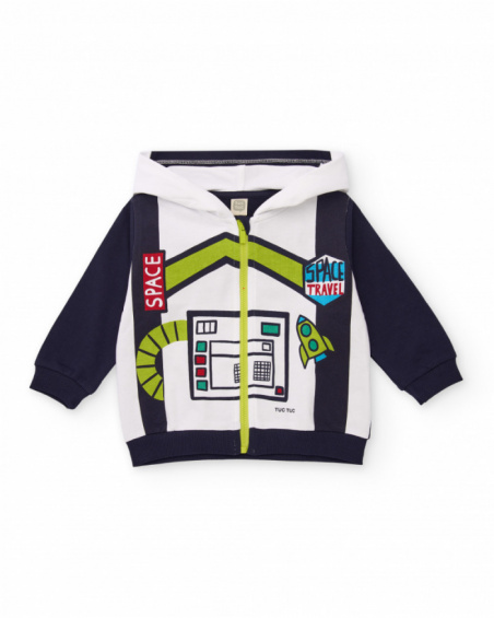 Hooded sweatshirt for boy in navy blue and white with space-themed print.