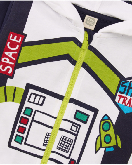 Hooded sweatshirt for boy in navy blue and white with space-themed print.