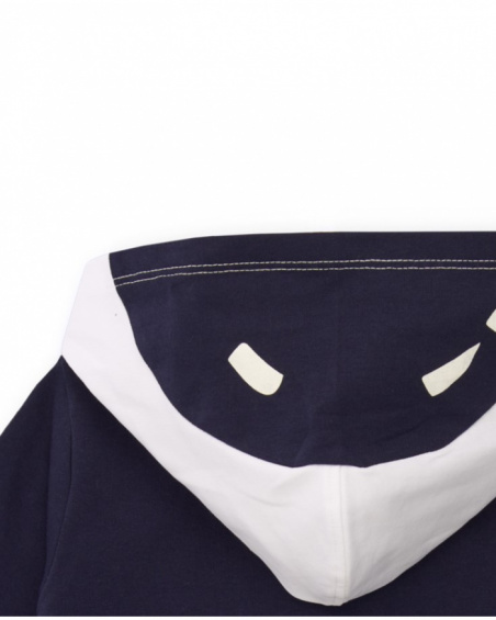 Hooded sweatshirt for boy in navy blue and white with space-themed print.