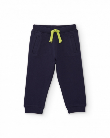 Navy blue knit pants for boy with adjustable waistband and small spaceship embroidery.