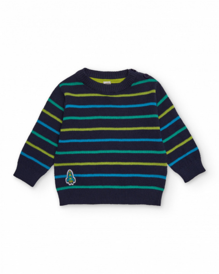 Navy blue knit sweater for boy with colorful stripes and rocket embroidery.