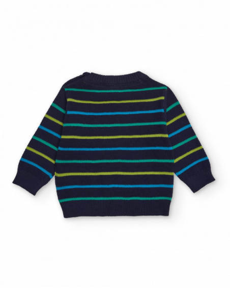 Navy blue knit sweater for boy with colorful stripes and rocket embroidery.