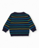 Navy blue knit sweater for boy with colorful stripes and rocket embroidery. Navy blue knit sweater for boy with colorful stripes and rocket embroidery.