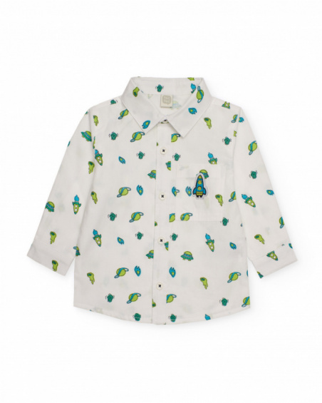 Long-sleeve white shirt for boy with space-themed print in green and blue tones.