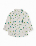 Long-sleeve white shirt for boy with space-themed print in green and blue tones. Long-sleeve white shirt for boy with space-themed print in green and blue tones.