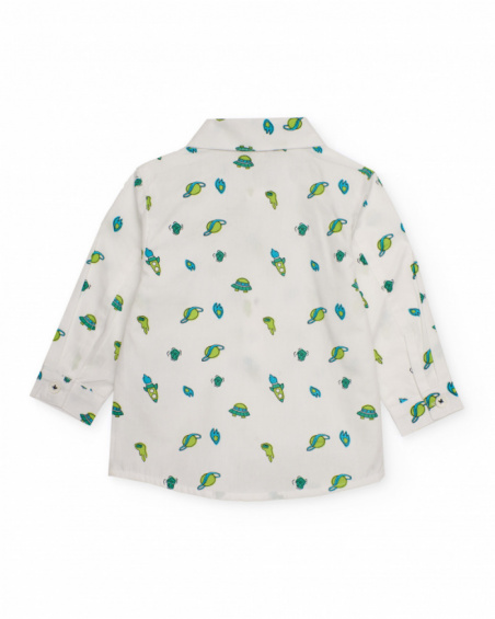 Long-sleeve white shirt for boy with space-themed print in green and blue tones.