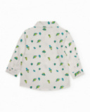 Long-sleeve white shirt for boy with space-themed print in green and blue tones. Long-sleeve white shirt for boy with space-themed print in green and blue tones.