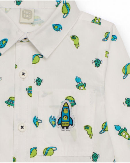 Long-sleeve white shirt for boy with space-themed print in green and blue tones.