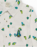 Long-sleeve white shirt for boy with space-themed print in green and blue tones. Long-sleeve white shirt for boy with space-themed print in green and blue tones.