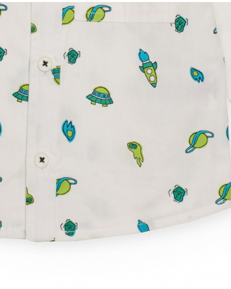 Long-sleeve white shirt for boy with space-themed print in green and blue tones.