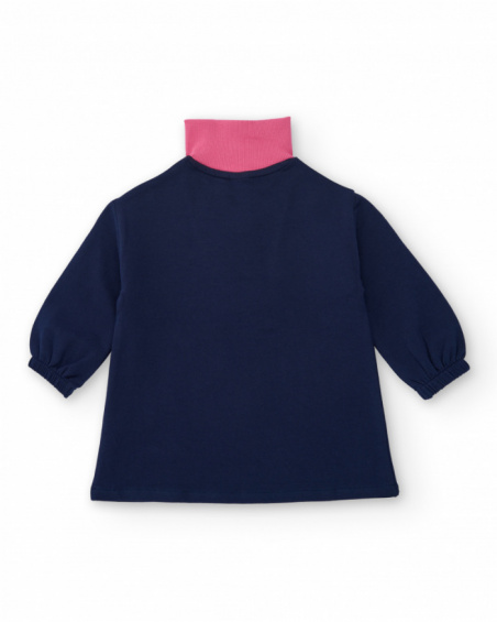 Girl’s dress in navy blue with pink turtleneck and colorful circles