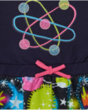 Navy blue dress for girl with planet print and pink bow detail. Navy blue dress for girl with planet print and pink bow detail.