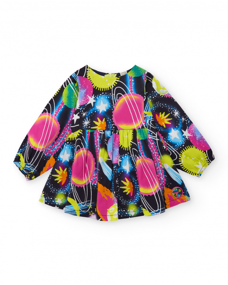 Vestido para niña de manga larga con estampado de planetas en