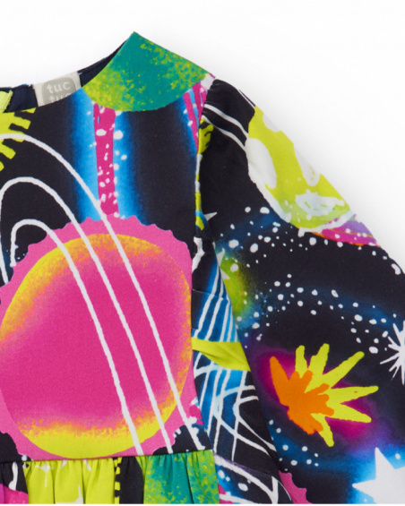 Long-sleeve dress for girl with vibrant planet print. Long-sleeve dress for girl with vibrant planet print.
