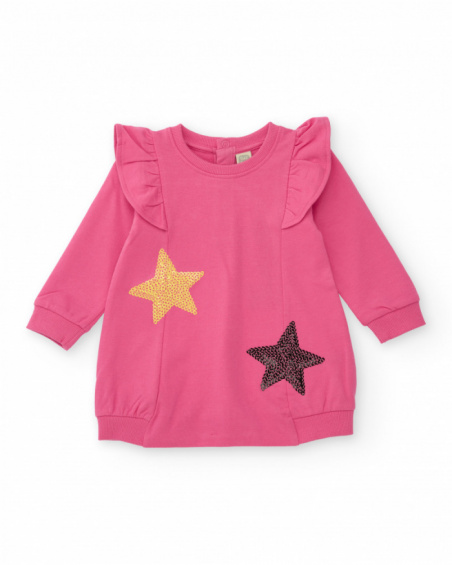 Pink knit dress for girl with star appliqués and shoulder ruffles.