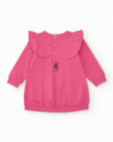 Pink knit dress for girl with star appliqués and shoulder ruffles. Pink knit dress for girl with star appliqués and shoulder ruffles.