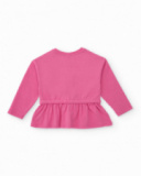 Pink long-sleeve blouse for girl with space print and ruffled waistband. Pink long-sleeve blouse for girl with space print and ruffled waistband.